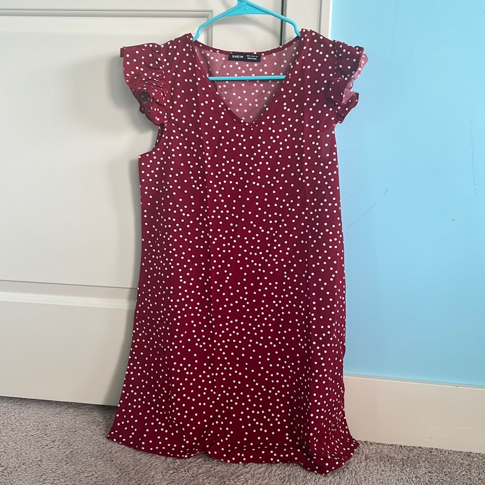 Red polka dot white dress